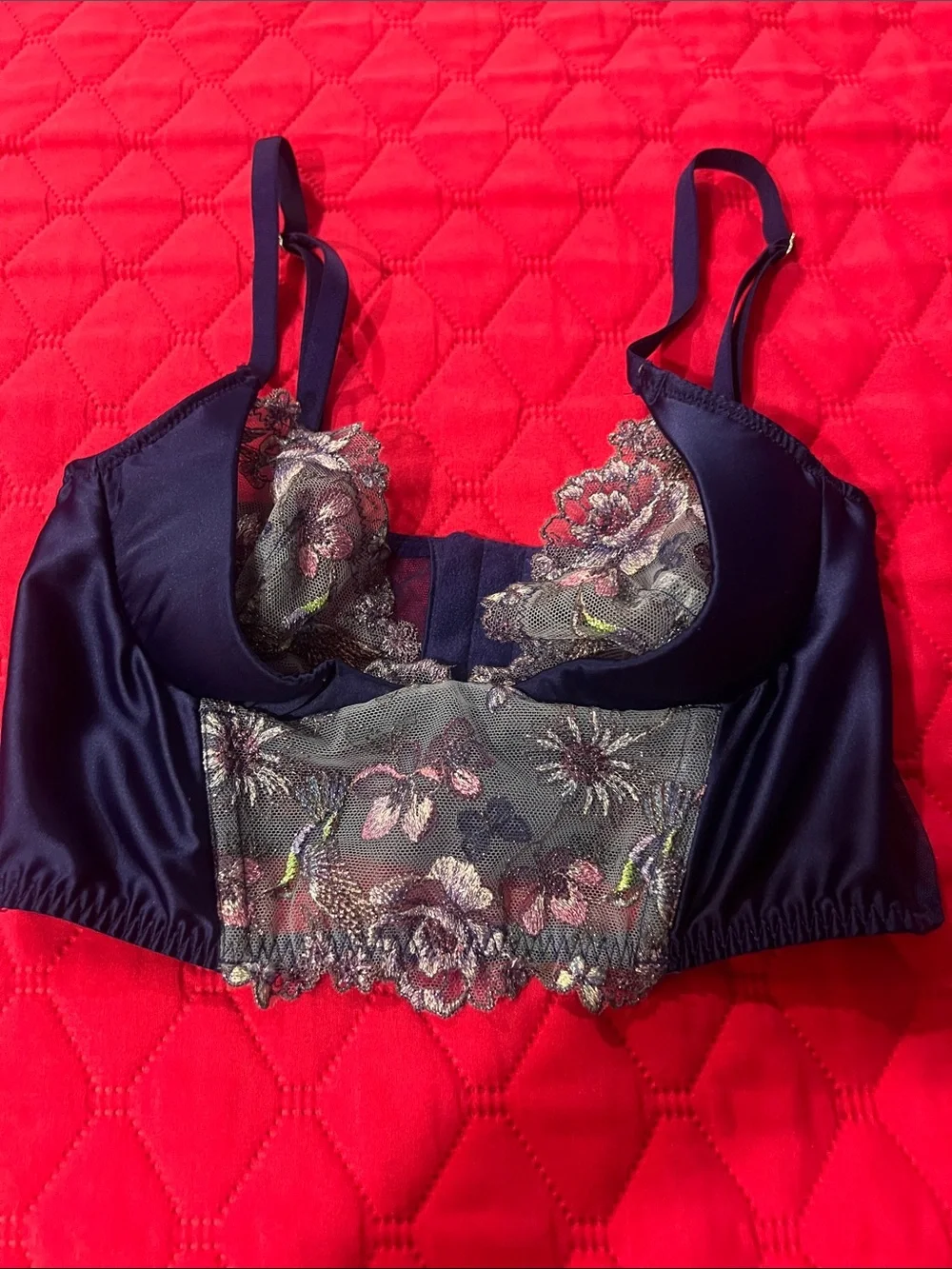 Floral Lace Satin Bralette in Navy - Women Intimates